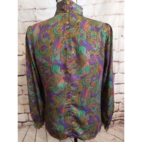 Vintage 80s Size 6 Small Nicola Jewel Tone Shoulder Pad Pleated Blouse High Neck - Picture 6 of 11